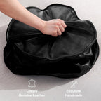 Leather Ottoman,Handmade Stuffed Square Ottoman,Genuine Leather Pouf, Foot Rest Pouf,Comfortable Soft Seating for Living Room & Bedroom (Black, Round)
