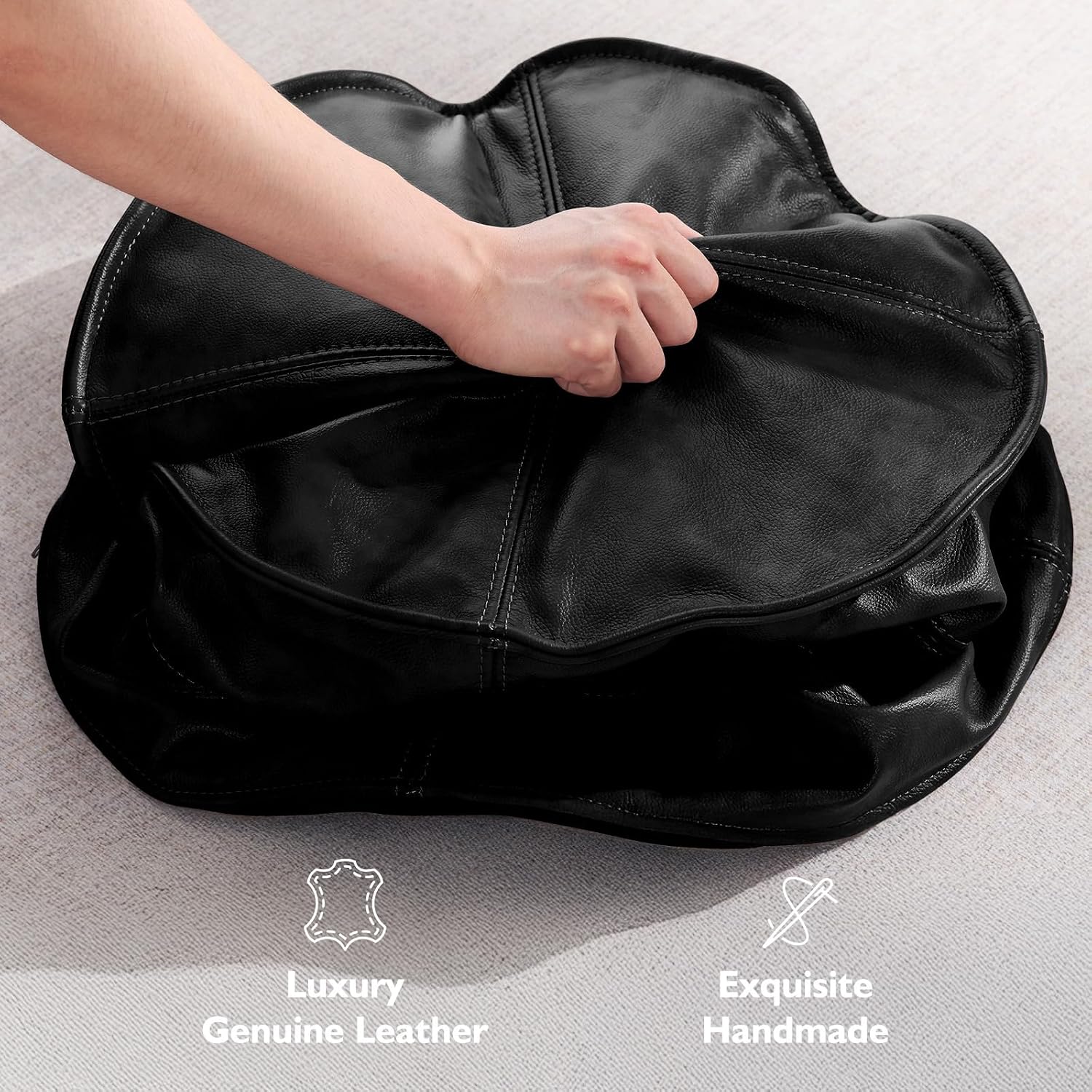 Leather Ottoman,Handmade Stuffed Square Ottoman,Genuine Leather Pouf, Foot Rest Pouf,Comfortable Soft Seating for Living Room & Bedroom (Black, Round)