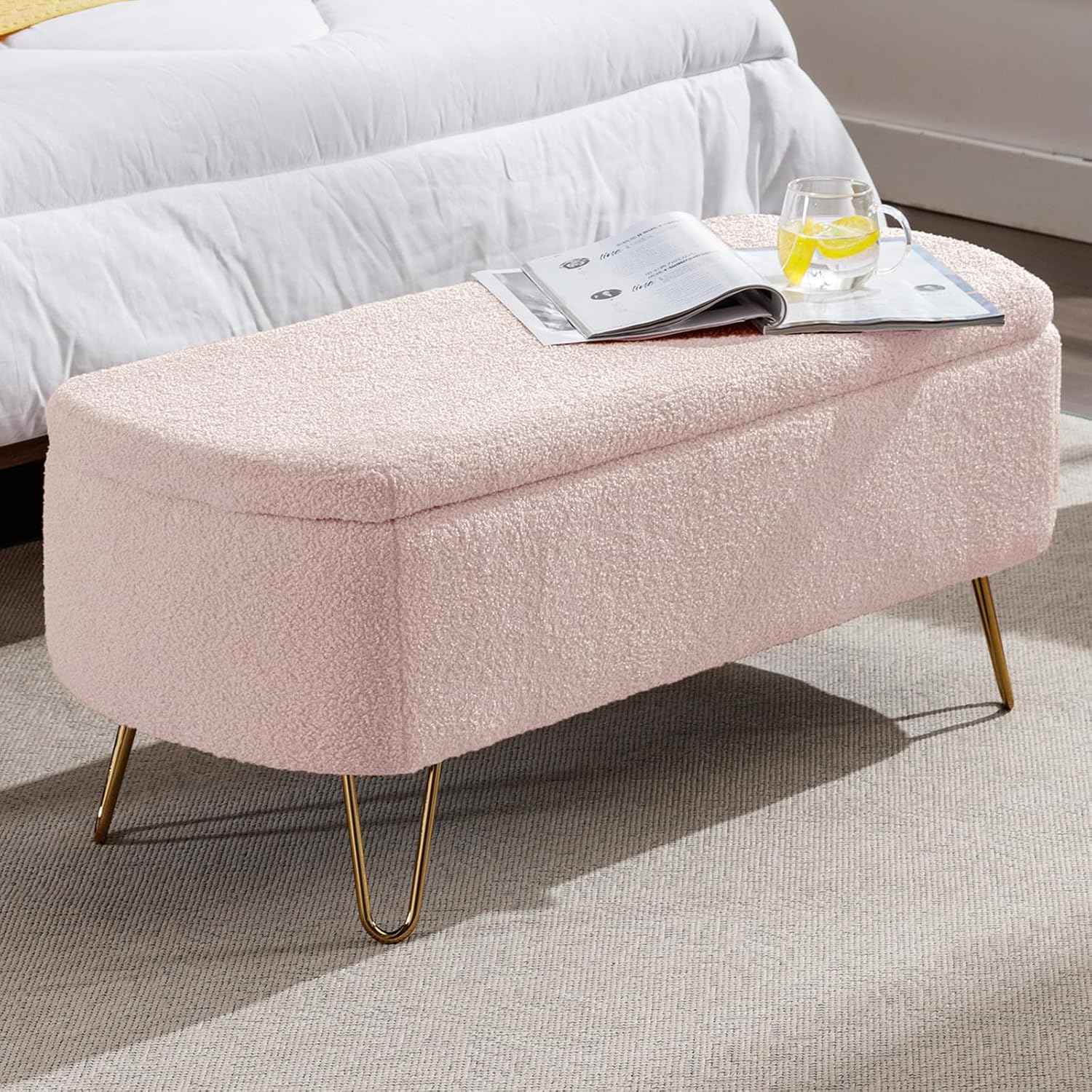 NIOIIKIT Storage Ottoman Bench, Faux Fur Upholstered Entryway Bench, Pink | Upholstered Ottoman Bench with Metal Legs, Bedroom Bench with Flip Top, Footrest Shoe Bench for Living Room, Bedroom