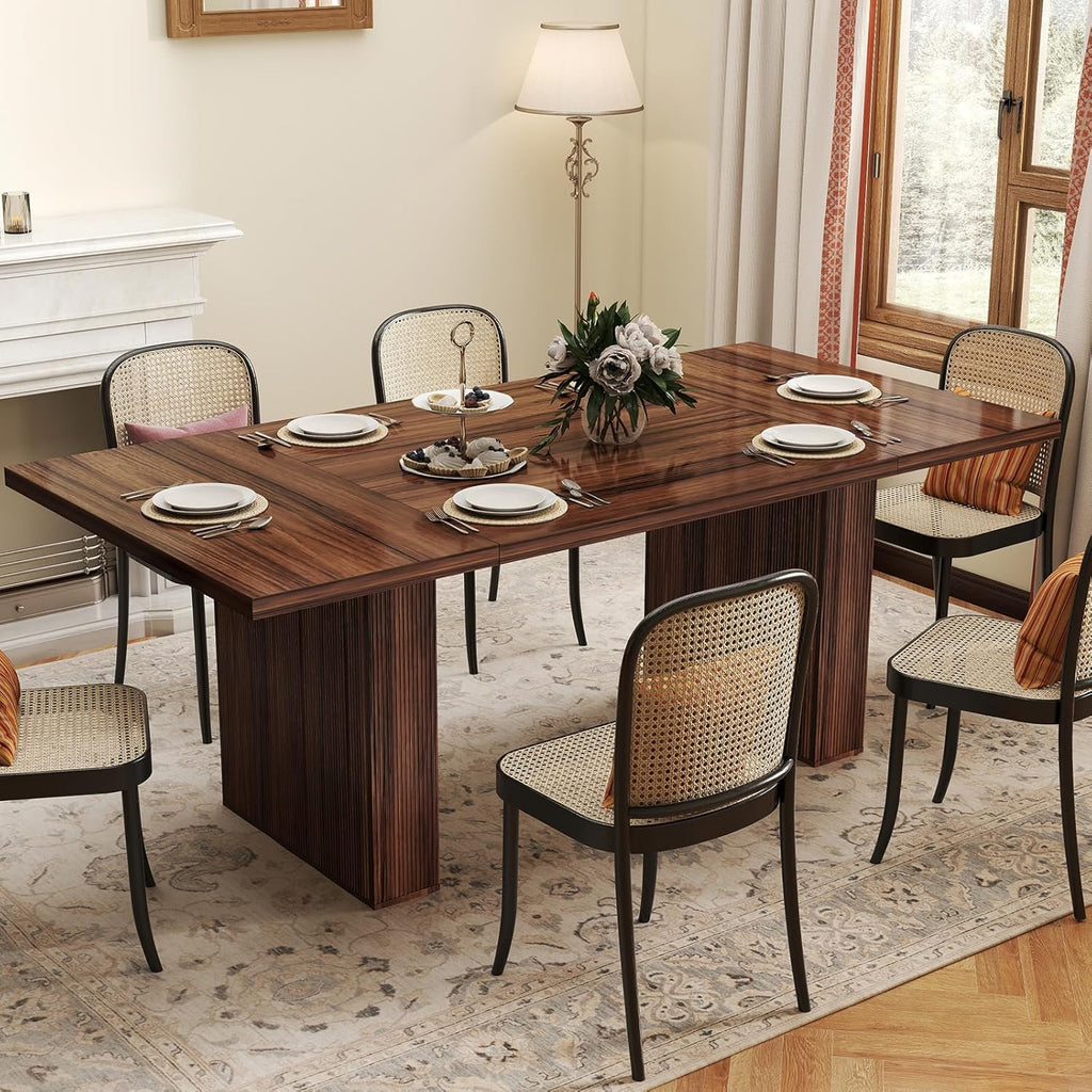 Miereirl 78 Inch Rectangular Dining Table for 6-8 People, Large Modern Farmhouse Kitchen Table with Grooved Wood-Strip Base, Perfect for Dining Room or Family Gathering, Walnut