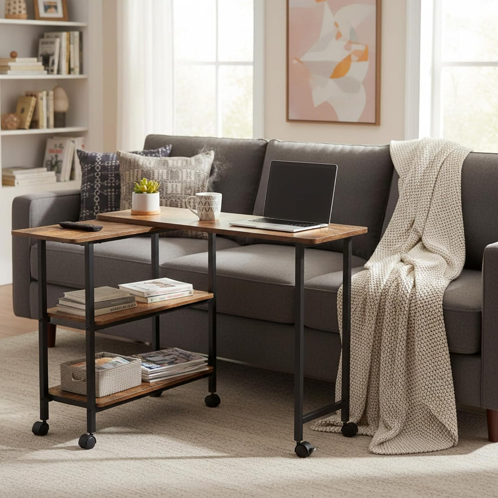 FurnitureR 360° Rotating Sofa Side Table with Storage Shelves, Mobile L-Shaped Desk with Lockable Wheels, Adjustable Swivel End Table for Couch or Bed, Space-Saving Storage Cart, Brown