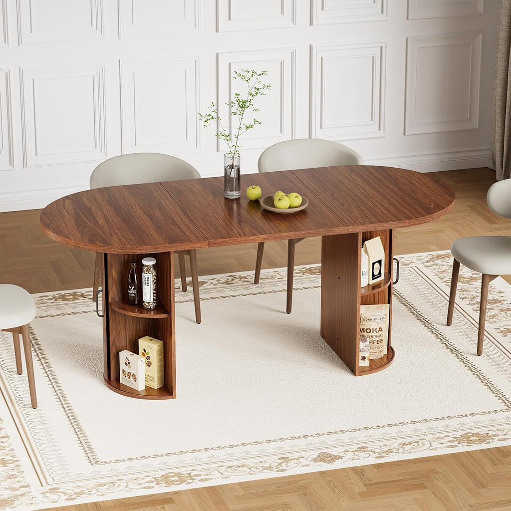 HOMMPA Oval Dining Table with Dual Side Storage 70.8" Modern Kitchen Table for 4 6 Person Farmhouse Table with Wood Strip Doors Wooden Round Dinner Tables for Kitchen Dining Room Living Room Walnut