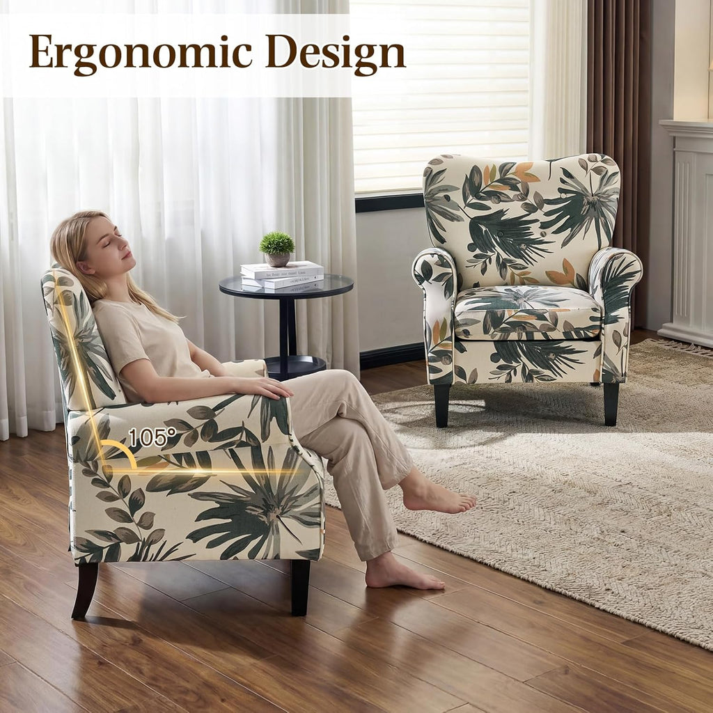 YOLENY Mid Century Wingback Arm Chair, Modern Upholstered Fabric High Back Accent Chair with Wood Legs, Upholstered Single Sofa Club Chair for Living Room, Bedroom, Home Office, Grey Green Leaves