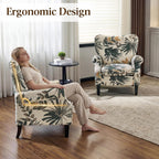 YOLENY Mid Century Wingback Arm Chair, Modern Upholstered Fabric High Back Accent Chair with Wood Legs, Upholstered Single Sofa Club Chair for Living Room, Bedroom, Home Office, Grey Green Leaves