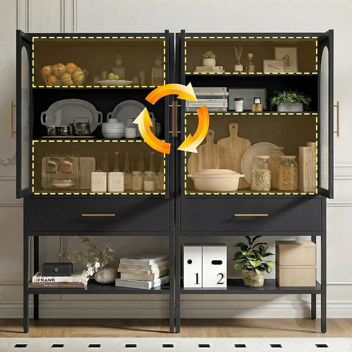 63" Tall Metal Storage Cabinet with Glass Doors, Kitchen Pantry Cabinet with Drawers & Adjustable Shelves, Freestanding Metal Cabinet for Kitchen, Dining Room and Home Organization Black