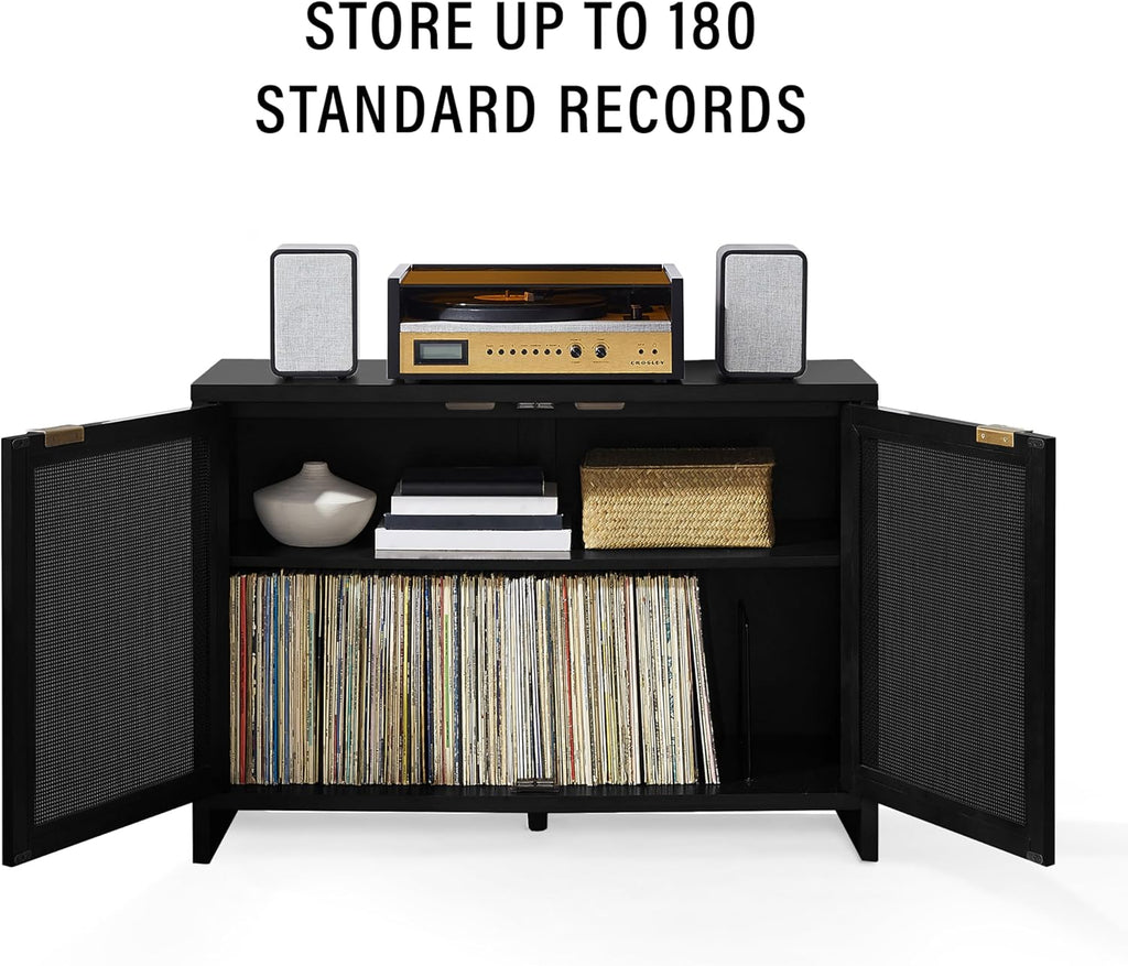 Crosley Furniture Kenji Media Console, Record Player Stand with Vinyl Storage, Modern Home Organizer, Black