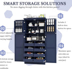 Freestanding Cabinet with 4 Doors, 2 Door Shelves, Tall Storage Cabinet with 8 Pull-Out Trays and Adjustable Shelf for Dining Room Kitchen Pantry (Blue)