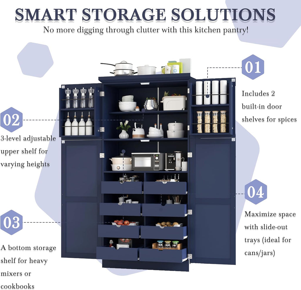 roomfitters 71 Inch Freestanding Kitchen Pantry with 8 Pull-Out Trays and Door Shelves, Shaker Cabinet, Blue