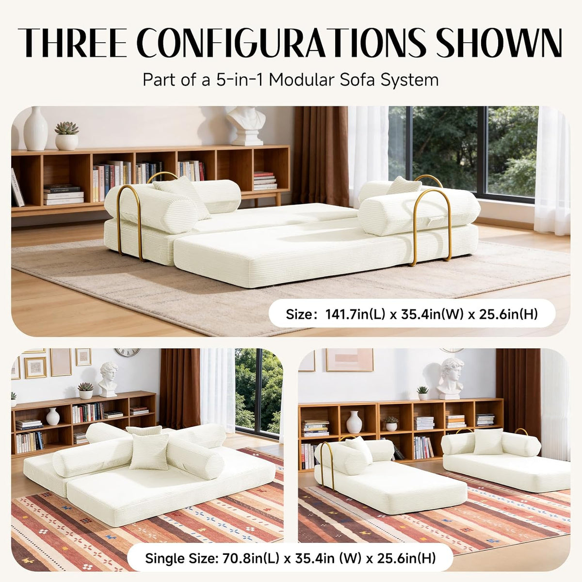 79" Corduroy Sofa Bed, Couch in a Box with 2 Pillows, High-Density Foam 4-in-1 Foldable Sleeper Futon Loveseat for Small Spaces, No Assembly, Side Pockets, Hex Arm White