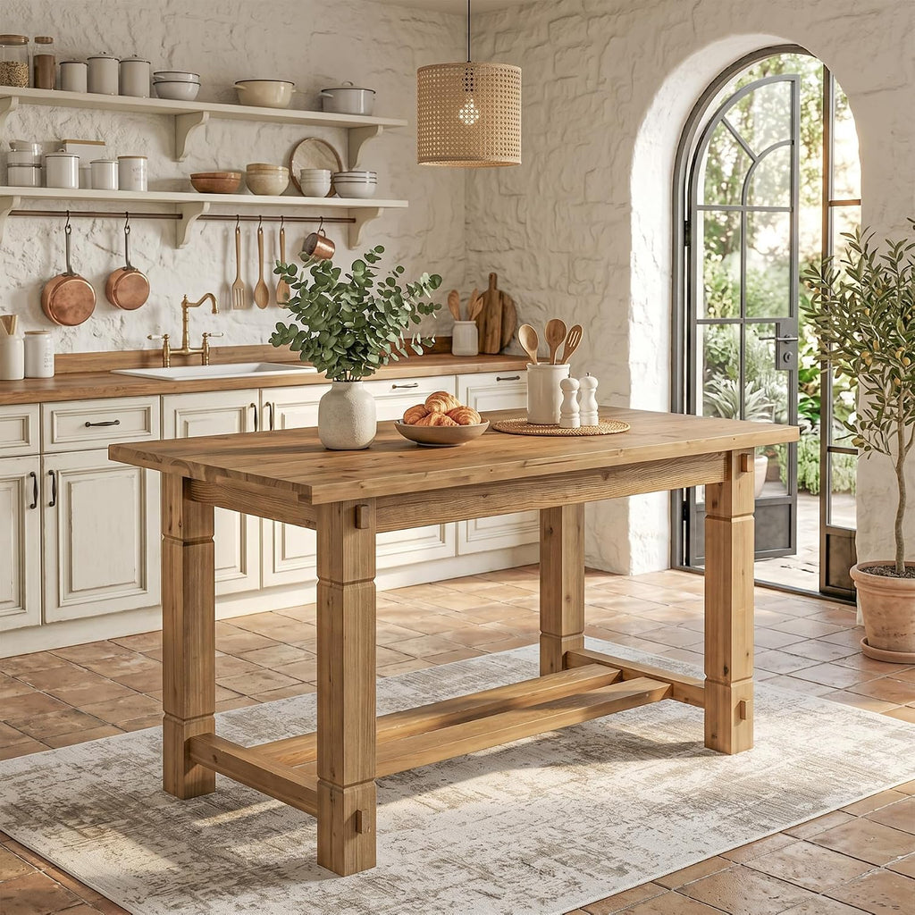 59.05" Solid Wood Home Kitchen Island with Spacious Tabletop | Counter Height Table, Sturdy Frame, Easy to Assemble, Farmhouse Style, Stationary Island for Home, Dining Room, Rustic Brown