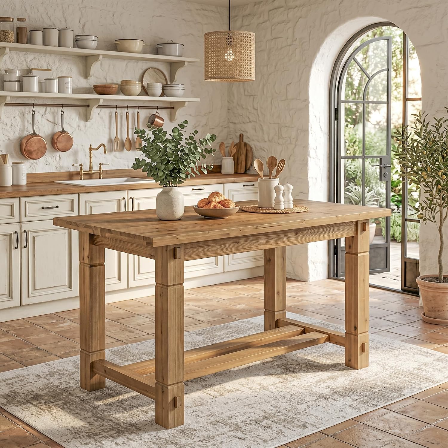 59.05" Solid Wood Home Kitchen Island with Spacious Tabletop | Counter Height Table, Sturdy Frame, Easy to Assemble, Farmhouse Style, Stationary Island for Home, Dining Room, Rustic Brown