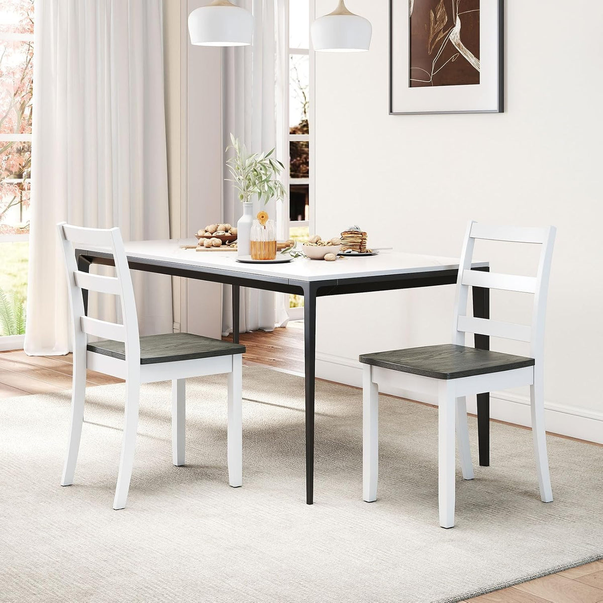 Giantex Dining Chairs, Wooden Armless Kitchen Chairs with Solid Rubber Wood Legs, Farmhouse Ladder Back Dining Chairs for Dining Room (4, White+Gray)