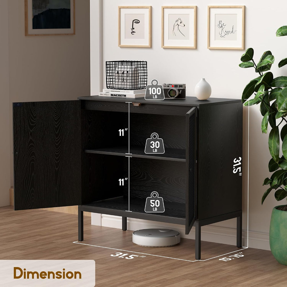 XIAO WEI Farmhouse Boho Sideboard Buffet Cabinet with Black Rattan Doors, Accent Credenza Console Storage Cabinet with Metal Legs for Living Room, Kitchen