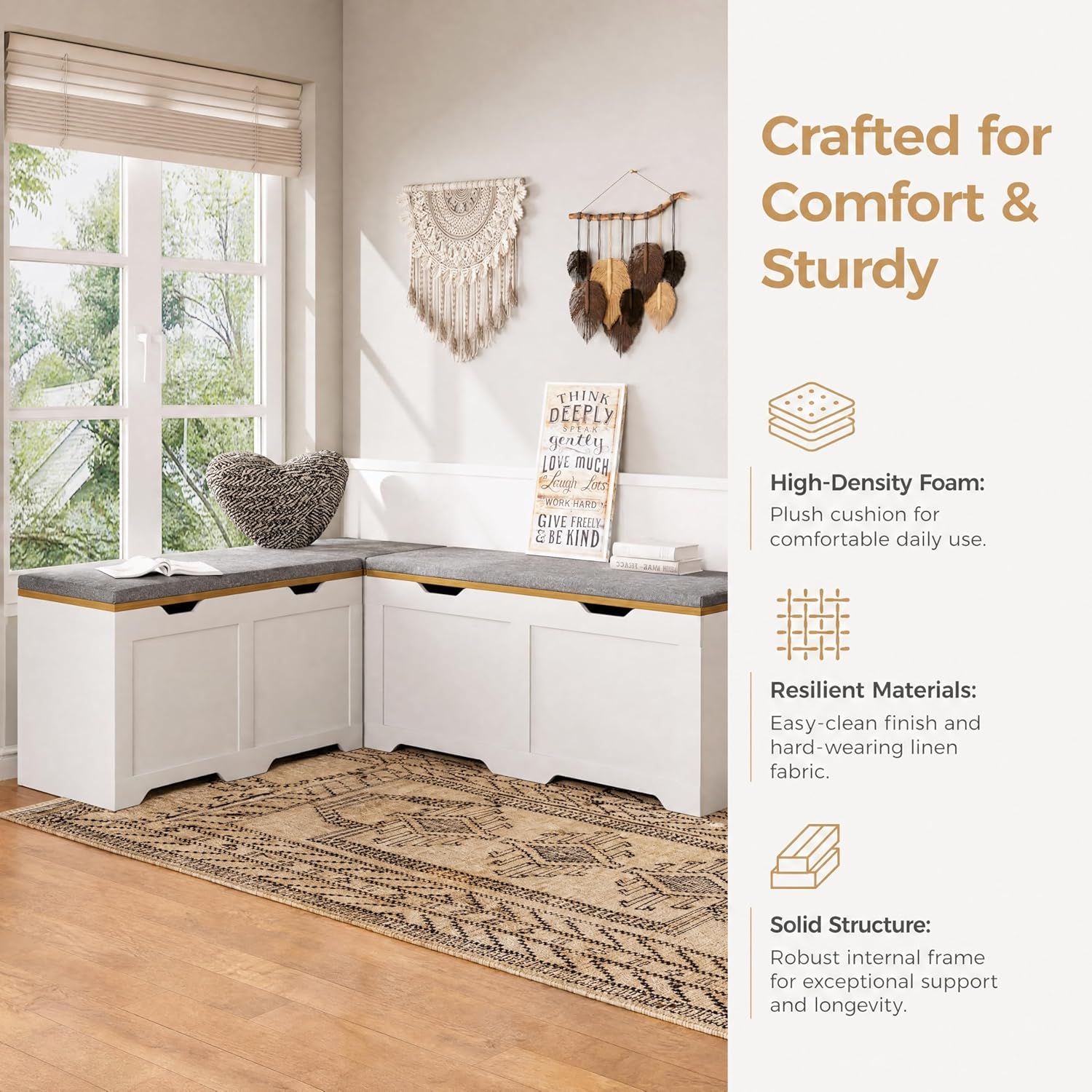 3-Piece L-Shape Storage Bench Set with Cushion, Kitchen Dining Nook Bench with Hidden Storage for Dining Room, Entryway,Backless Corner Dining Bench (White)