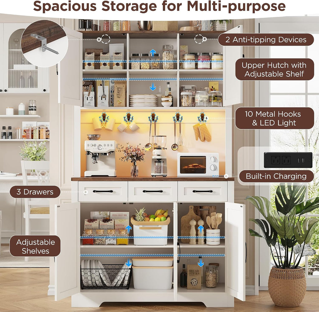 70.9" Tall Kitchen Pantry Cabinet with LED Light & Charging Station, Farmhouse Kitchen Hutch with Large Countertop & 10 Hooks, Kitchen Cabinet Storage with Drawers for Living Room, Dining Room, White