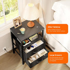 Lazzanto Night Stand with Charger Station for Bedroom, Black Nightstand | Bedside Table, Open Shelf, 2 Fabric Drawers, Built in USB-A, USB-C Port & AC Outlets, For Dorm, Living Room, Bedroom
