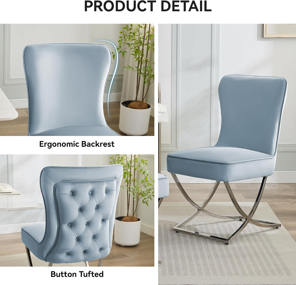 WUTUTUEE Luxury Velvet Dining Chairs, Tufted Upholstered Armless Accent Chairs with Silver Metal X-Legs, Modern Glam Dining Room Chair Set of 2, Light Blue