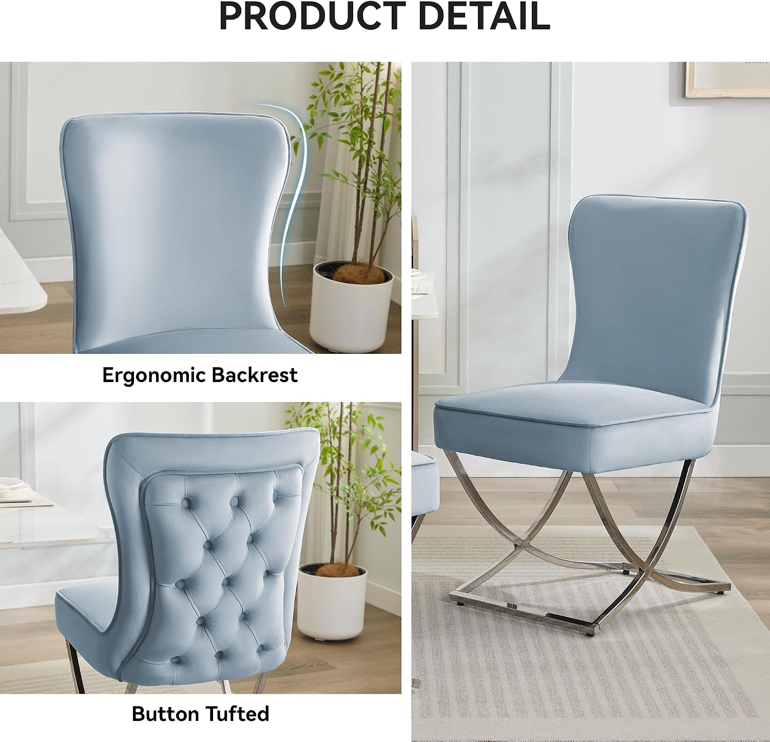 WUTUTUEE Luxury Velvet Dining Chairs, Tufted Upholstered Armless Accent Chairs with Silver Metal X-Legs, Modern Glam Dining Room Chair Set of 2, Light Blue