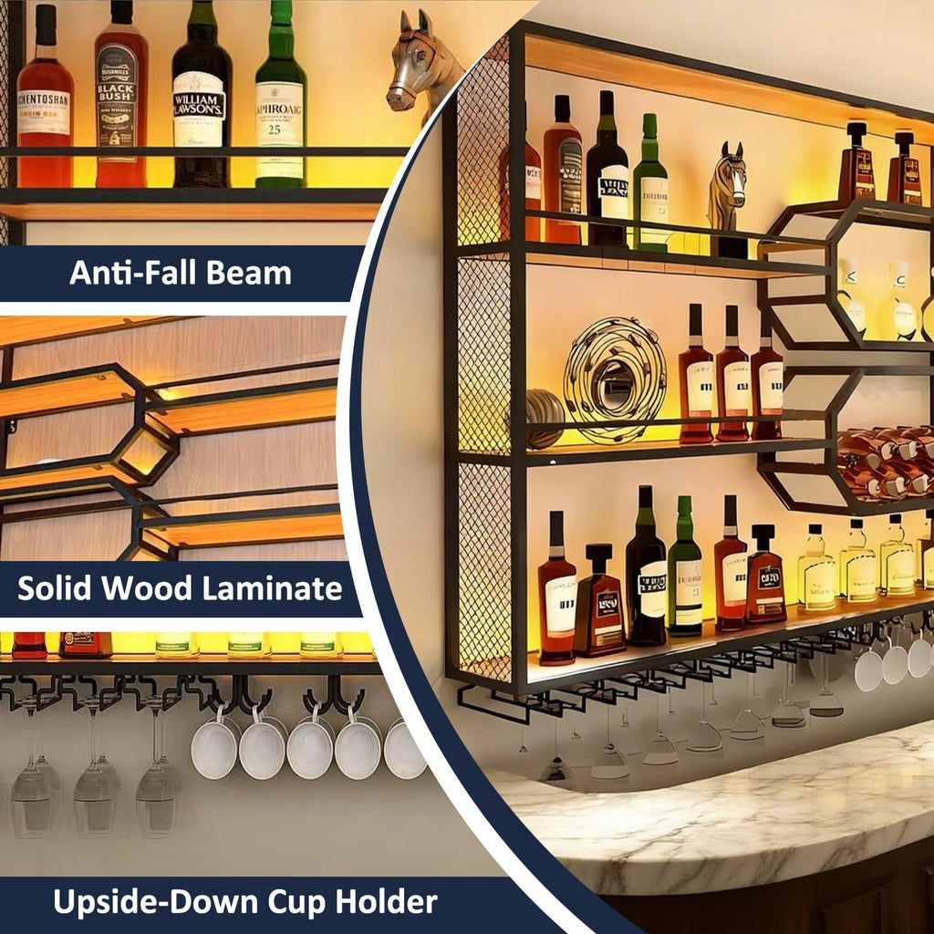 Large Liquor Shelf, Solid Wood Wall Mounted Wine Rack with Glass Holder & LED Light, 3-Tier Floating Bar Shelves, for Home Bar Kitchen, Living Room, Black,94 * 8 * 49in