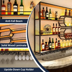 Large Liquor Shelf, Solid Wood Wall Mounted Wine Rack with Glass Holder & LED Light, 3-Tier Floating Bar Shelves, for Home Bar Kitchen, Living Room, Black,94 * 8 * 49in