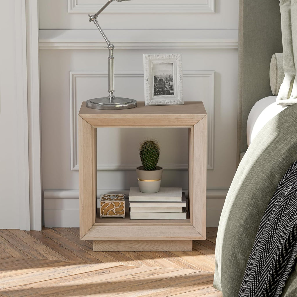 COZAYH Farmhouse End Table, Open Cube Accent Table with Geometric Frame, Modern Minimalist Side Table, Light Grey