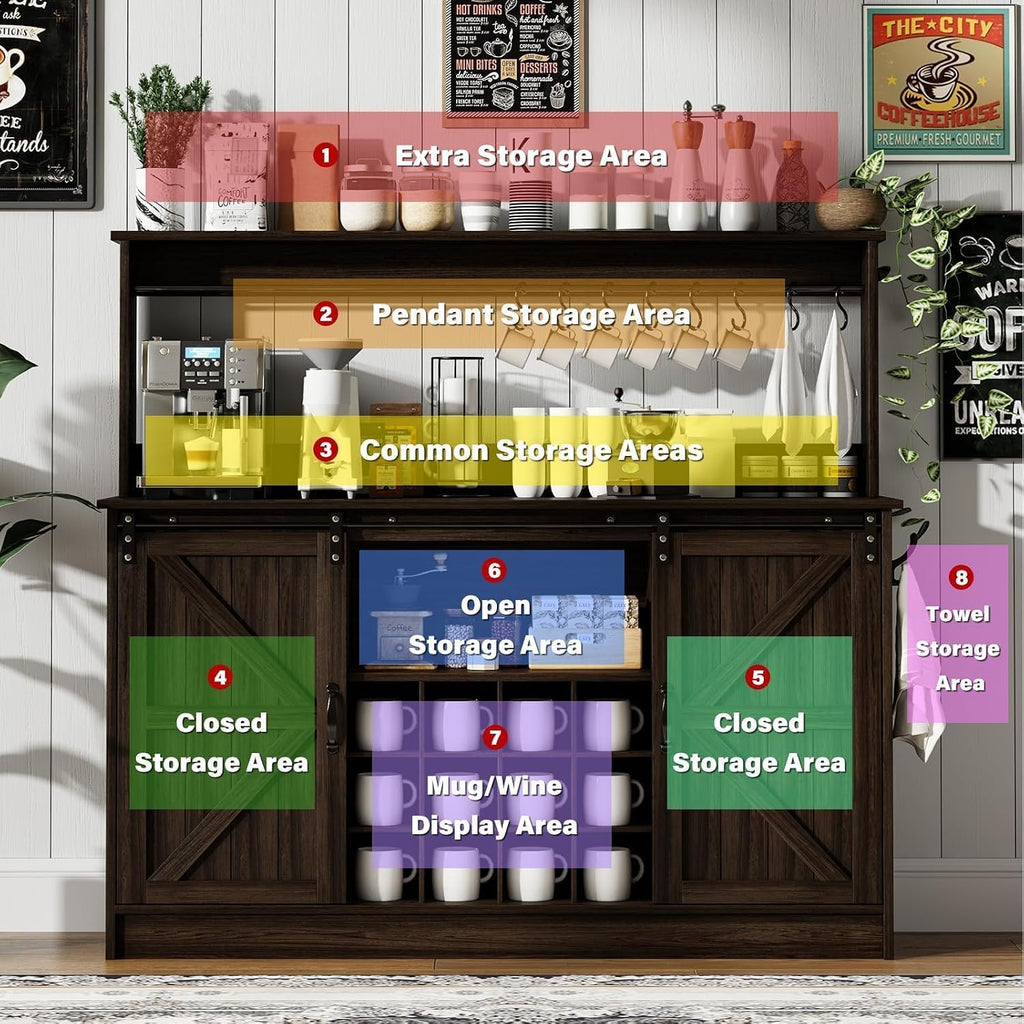 4ever2buy 55" Farmhouse Coffee Bar Cabinet with Storage & Wine Rack, Oak | Storage Hutch with Adjustable Shelves, Wine Rack and 8 Hooks for Living Room or Dining Room Storage
