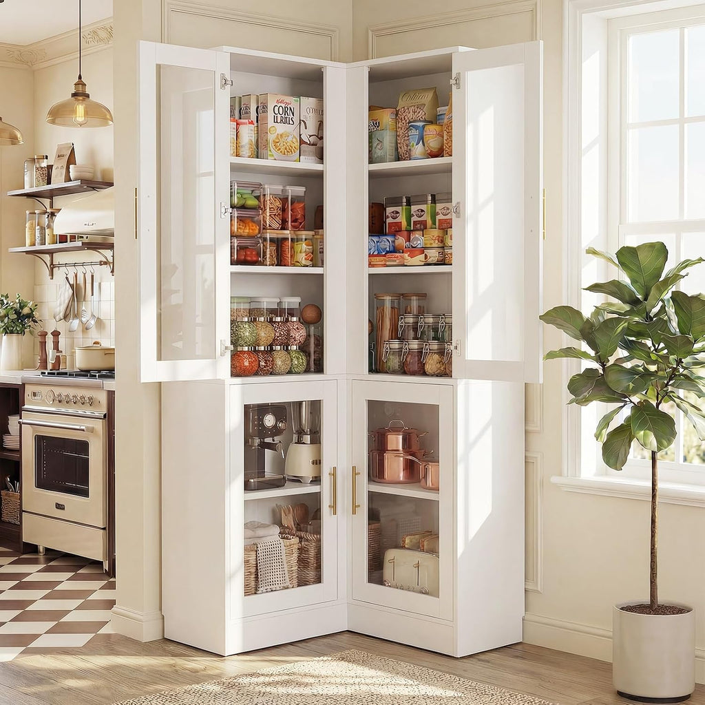 Armocity Corner Pantry Cabinet with Doors, 70" Tall Corner Storage Cabinet with LED Lights, 6-Tier Kitchen Pantry Cabinet, White