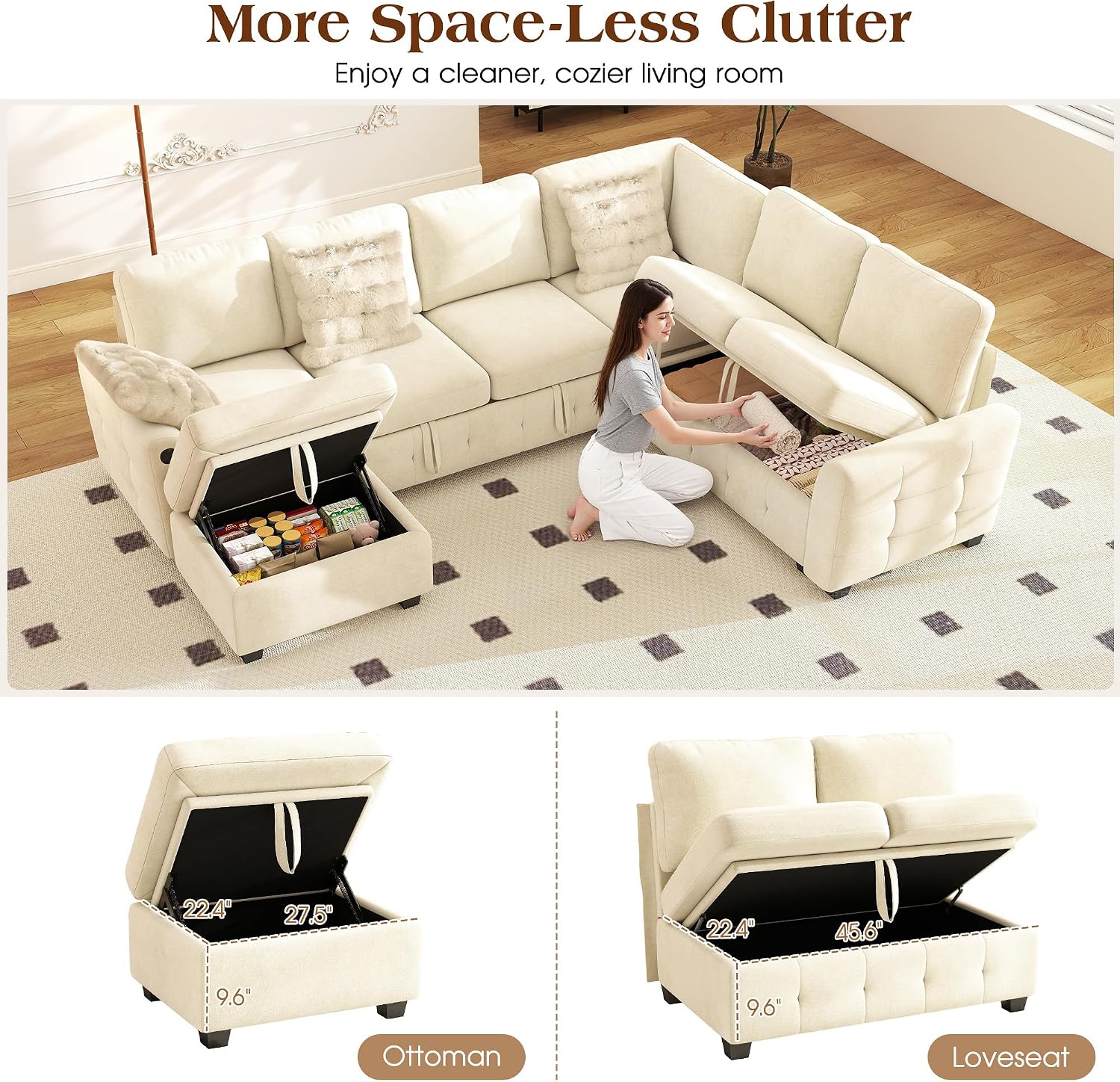 Ihanherry 106-inch Large L-Shaped Sectional Sofa Bed, 7-Seater Convertible Pull Out Sleeper with Storage Ottoman, 4 Pillows & USB Charging Ports, Premium Chenille Fabric for Big Living Room（Beige）