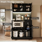 71" Kitchen Hutch Cabinet with Storage for Living & Dining Room, Kitchen Pantry Cabinet with LED Light & Outlet, All Black
