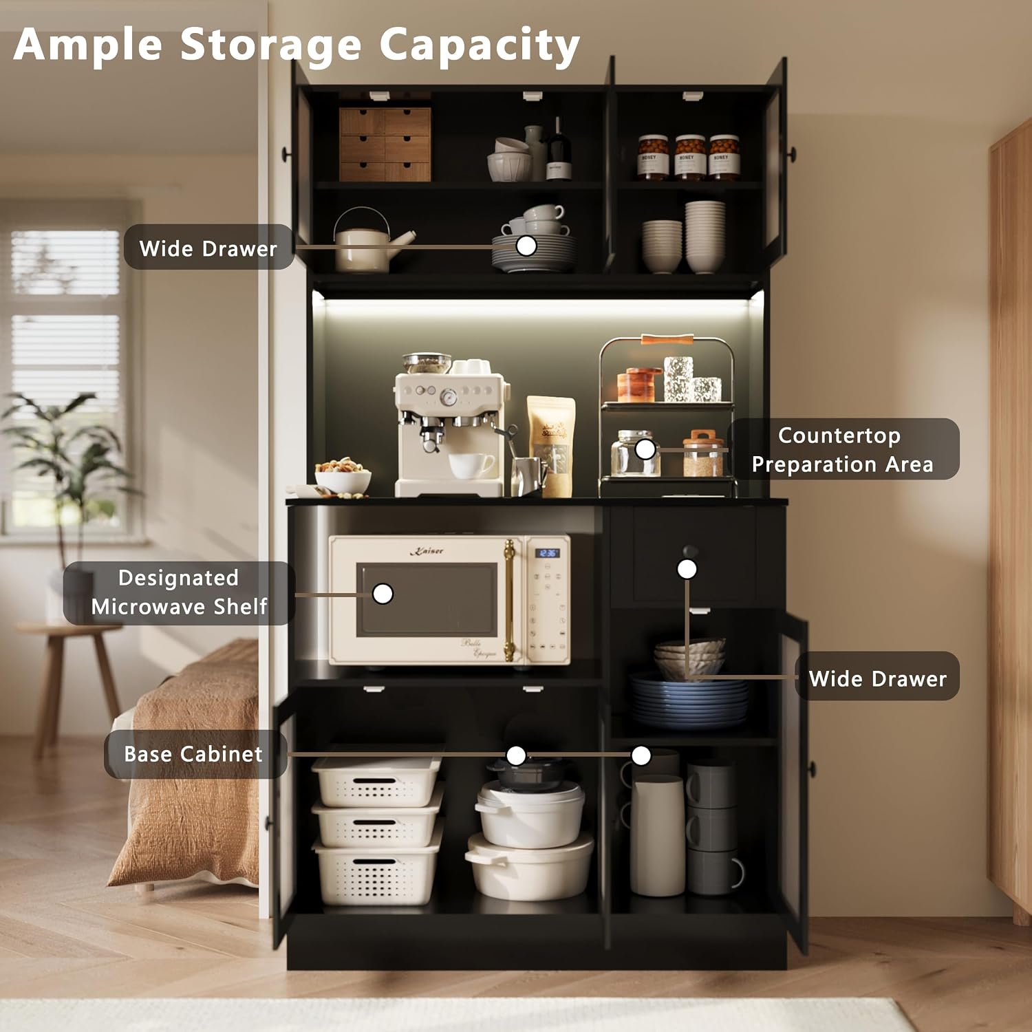 71" Kitchen Hutch Cabinet with Storage for Living & Dining Room, Kitchen Pantry Cabinet with LED Light & Outlet, All Black