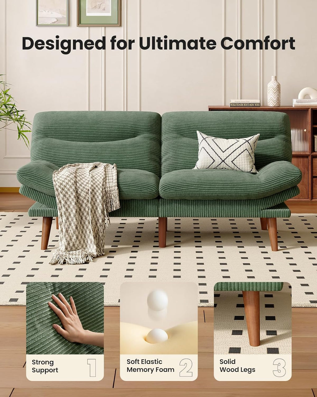 66″Futon Sofa Bed,3-in-1 Futon Couch w/Adjustable Backrest & Armrests, Convertible Sleeper Sofa Bed, Small Folding Sleeper Recliner w/Removable Cushion for Apartment, Living Room,Office (66in,Green)