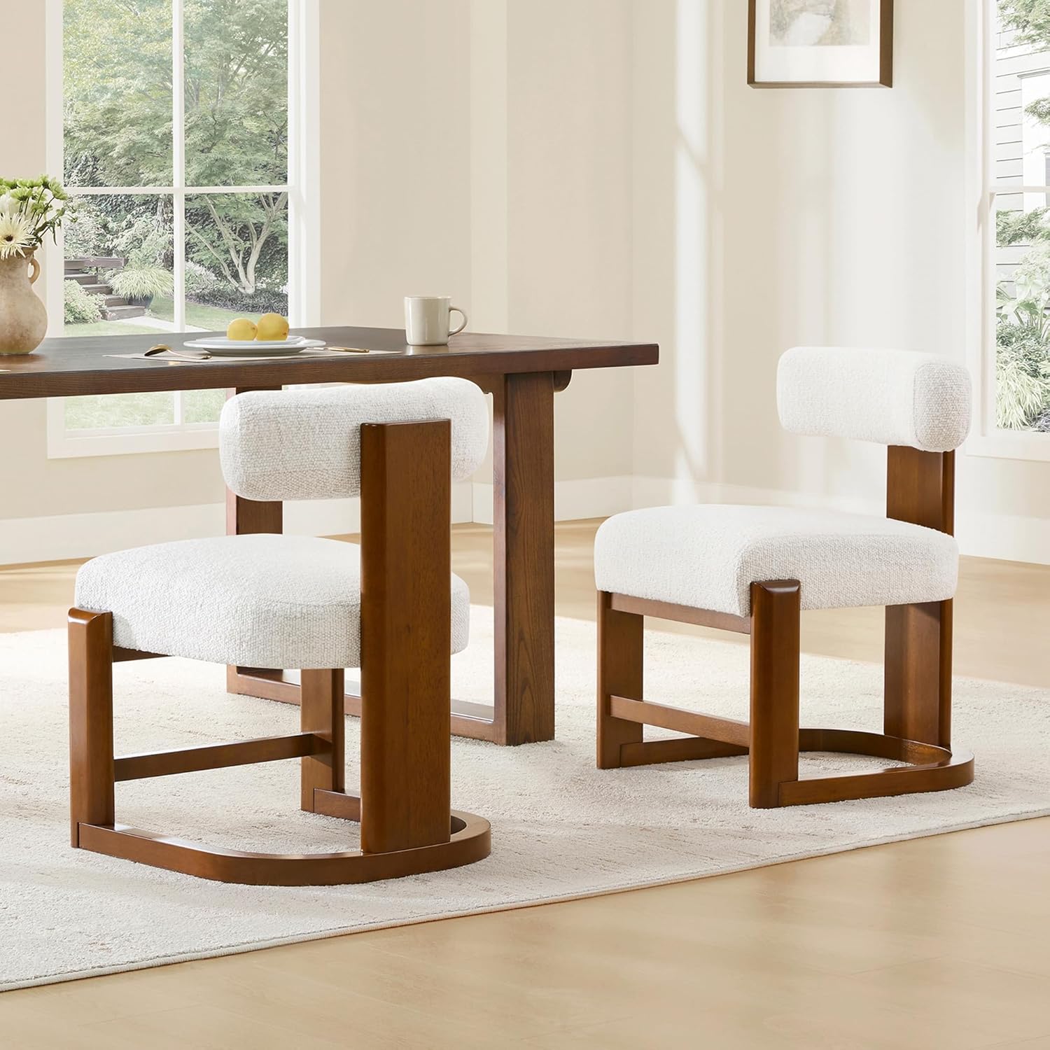 CHITA Upholstered Dining Chairs Set of 2, FSC Certified Modern Kitchen & Dining Room Chairs with Solid Wood Frame in Wulnut Finish, Fabric in Pearl (White)