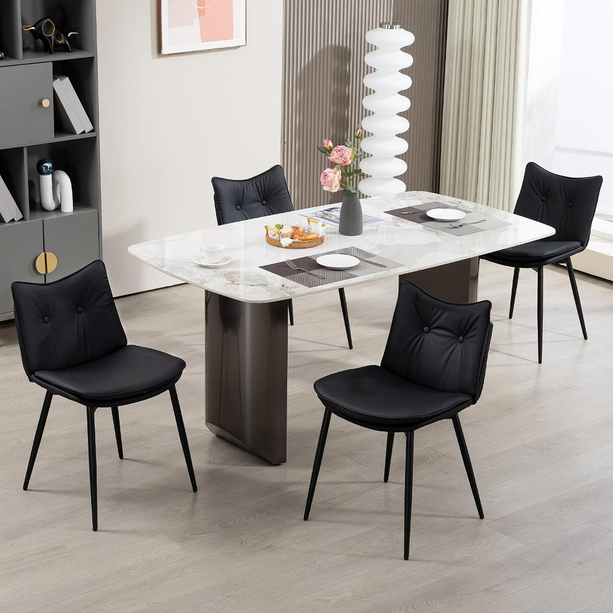 AVAWING Modern Dining Chairs Set of 4, Faux Leather Upholstered Kitchen Chairs with Button Tufted Back and Adjustable Footpads, Armless Accent Chairs for Dining Living Room, Black