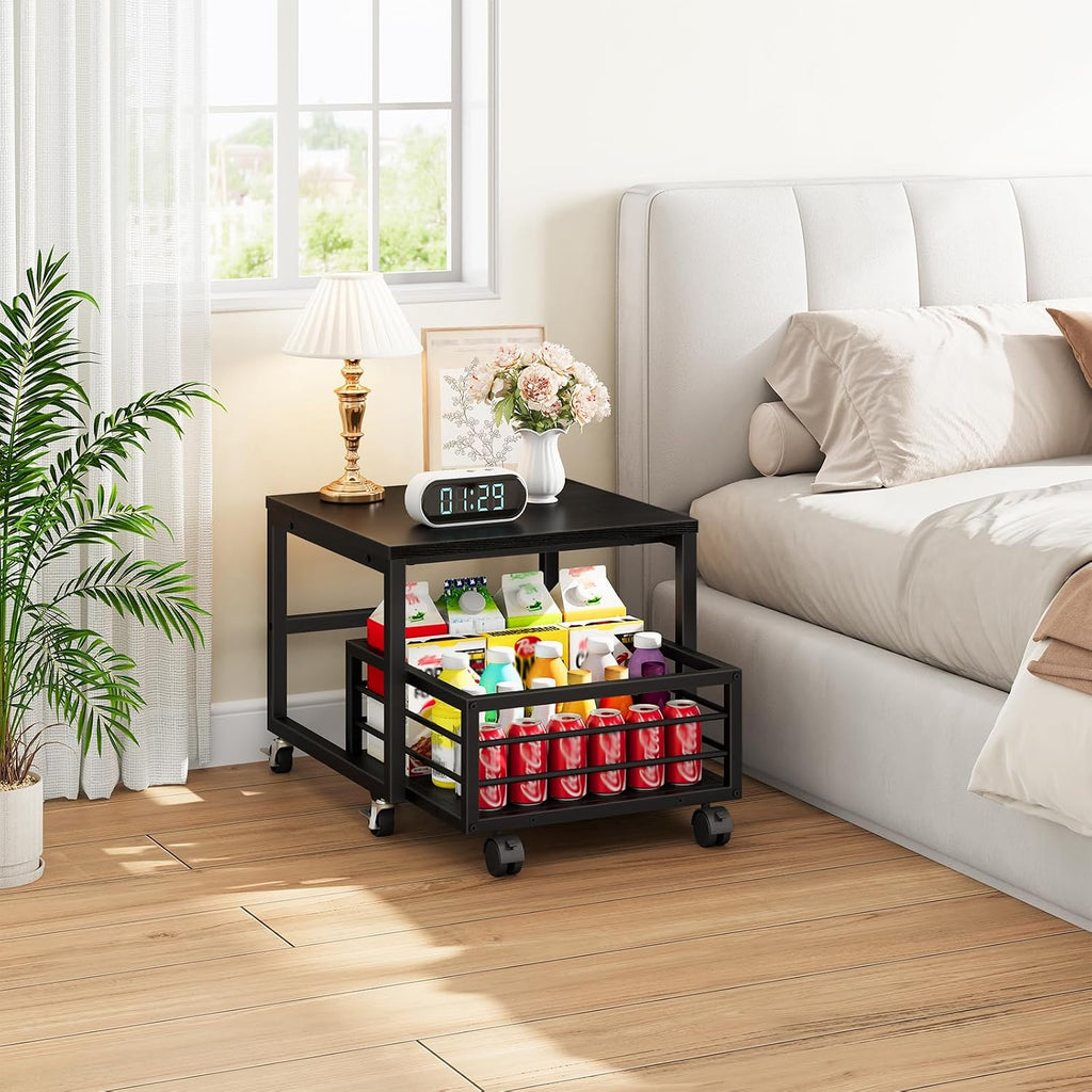 HOOBRO End Table, Mini Fridge Stand with Storage, Mini Fridge Table with Wheels and Adjustable Feet, Sturdy Metal Frame, for Living Room, Bedroom, Office, Black BB155TL01