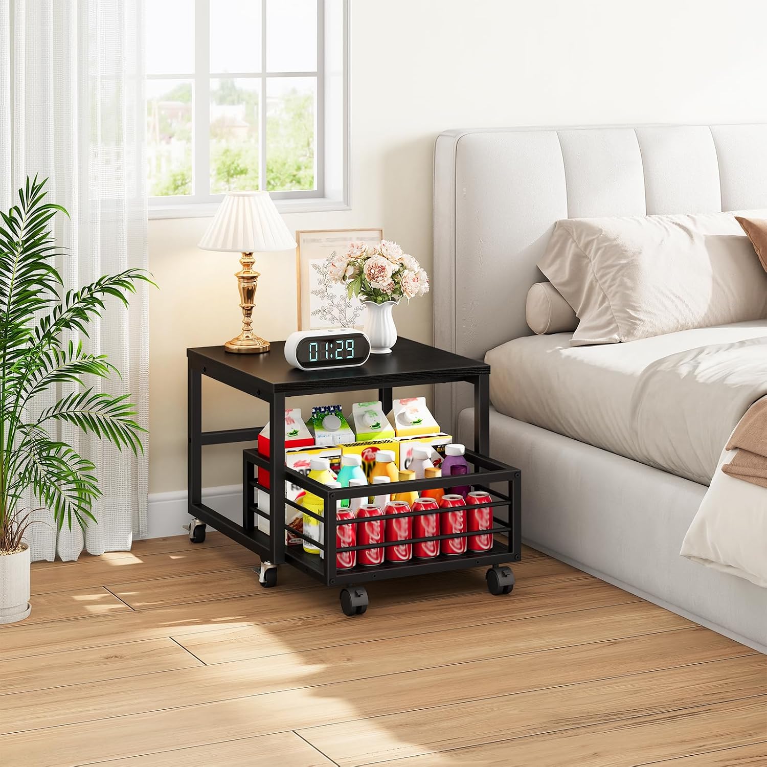 HOOBRO End Table, Mini Fridge Stand with Storage, Mini Fridge Table with Wheels and Adjustable Feet, Sturdy Metal Frame, for Living Room, Bedroom, Office, Black BB155TL01