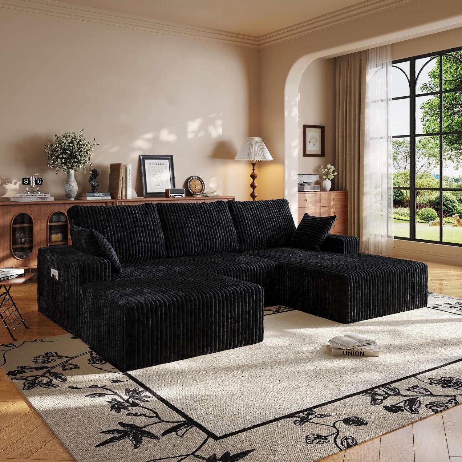 108" U-Shape Modular Sectional Cloud Couch with Ottoman, Deep Seat Couch with Oversized Chaise Lounge, Comfy Flannel Fabric Sofa for Living Room Bedroom Apartment Game Room Basement