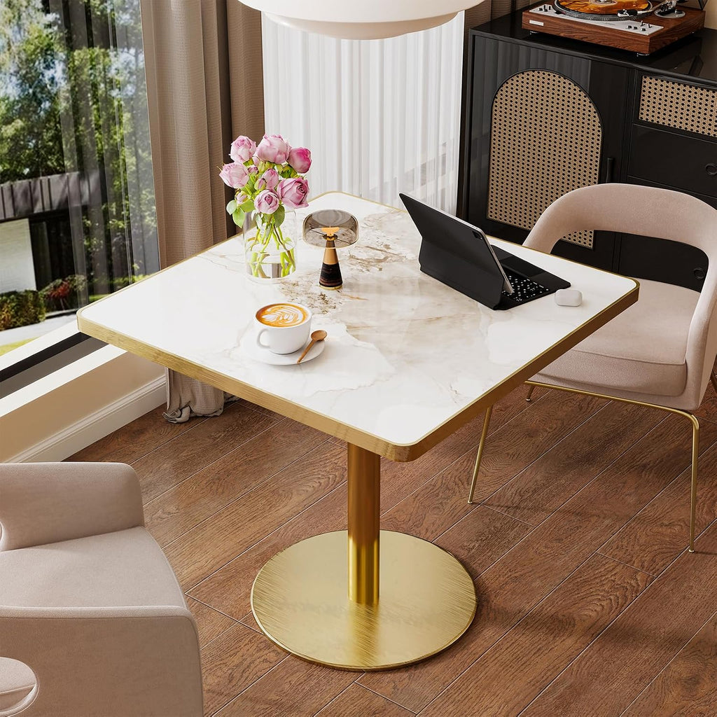 31.5" Square Dining Table, Square Restaurant Table with 1.2" Thick Sintered Stone Tabletop and Golden Metal Pedestal Base, Bistro Table for Diner, Bar, kitchen, Bakery, Apartment (Marble Patterns)