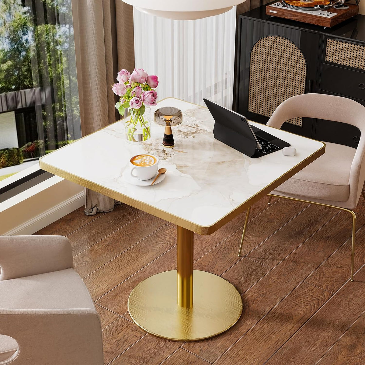 31.5" Square Dining Table, Square Restaurant Table with 1.2" Thick Sintered Stone Tabletop and Golden Metal Pedestal Base, Bistro Table for Diner, Bar, kitchen, Bakery, Apartment (Marble Patterns)