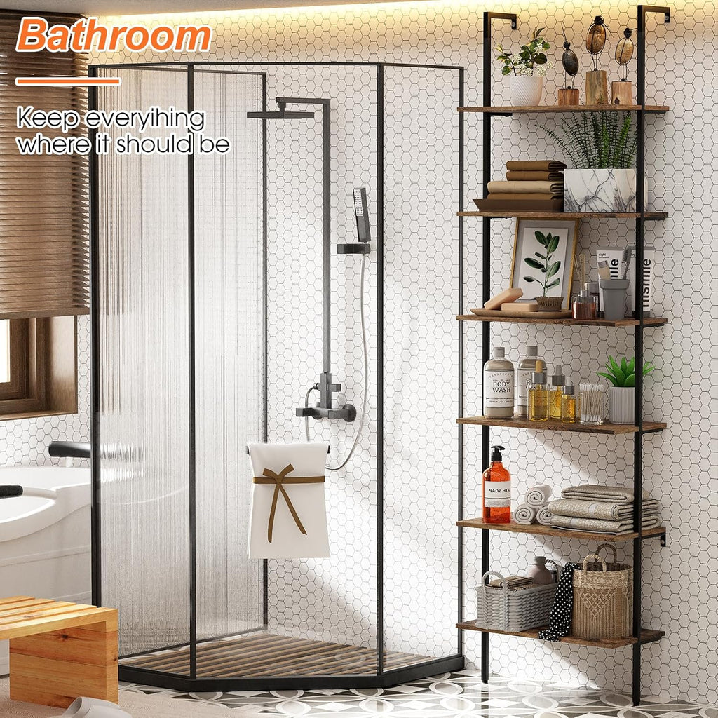 Wolawu Ladder Shelf Black 6 Tiers Modern Bookshelf Room Organizer Open Tall Wall Mount Bookcase Standing Leaning Wall Shelves Industrial Decorative Living Room Bed Room (Brown)