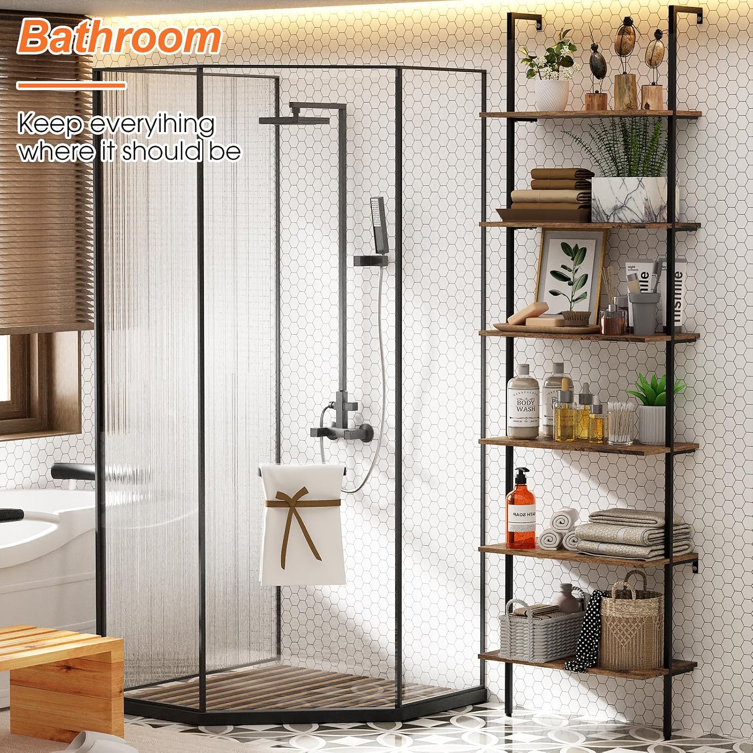 Wolawu Ladder Shelf Black 6 Tiers Modern Bookshelf Room Organizer Open Tall Wall Mount Bookcase Standing Leaning Wall Shelves Industrial Decorative Living Room Bed Room (Brown)
