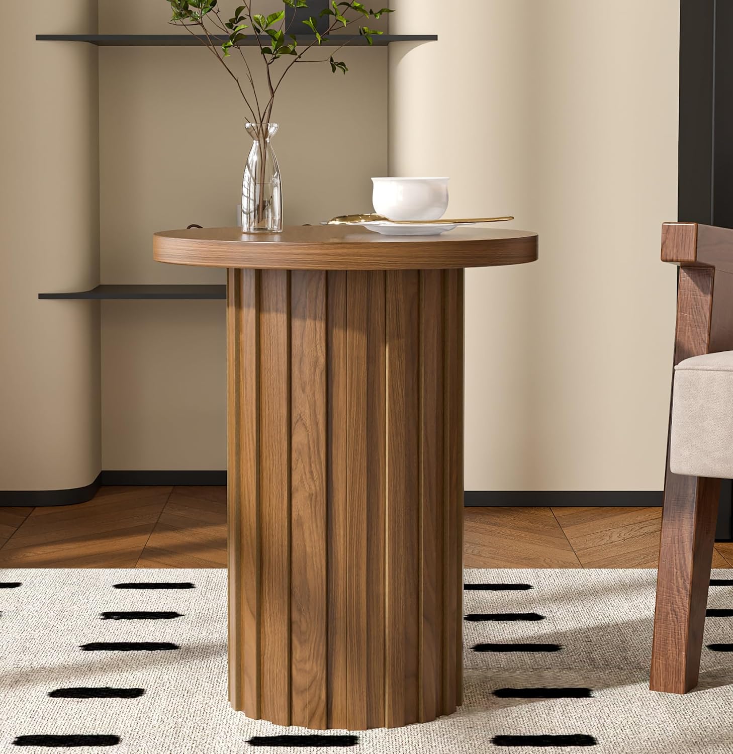 Fsbecl Farmhouse Pedestal End Table Round Side Table with Fluted Panel Rustic Drink Table for Small Space Living Room (Walnut)