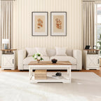 AMERLIFE 4-Piece Farmhouse Living Room Furniture Set with 66" TV Stand, Coffee Table & 2 End Tables, Barn Door Design, Large Storage Shelves, Built-in Charging Station & USB Ports, Distressed White
