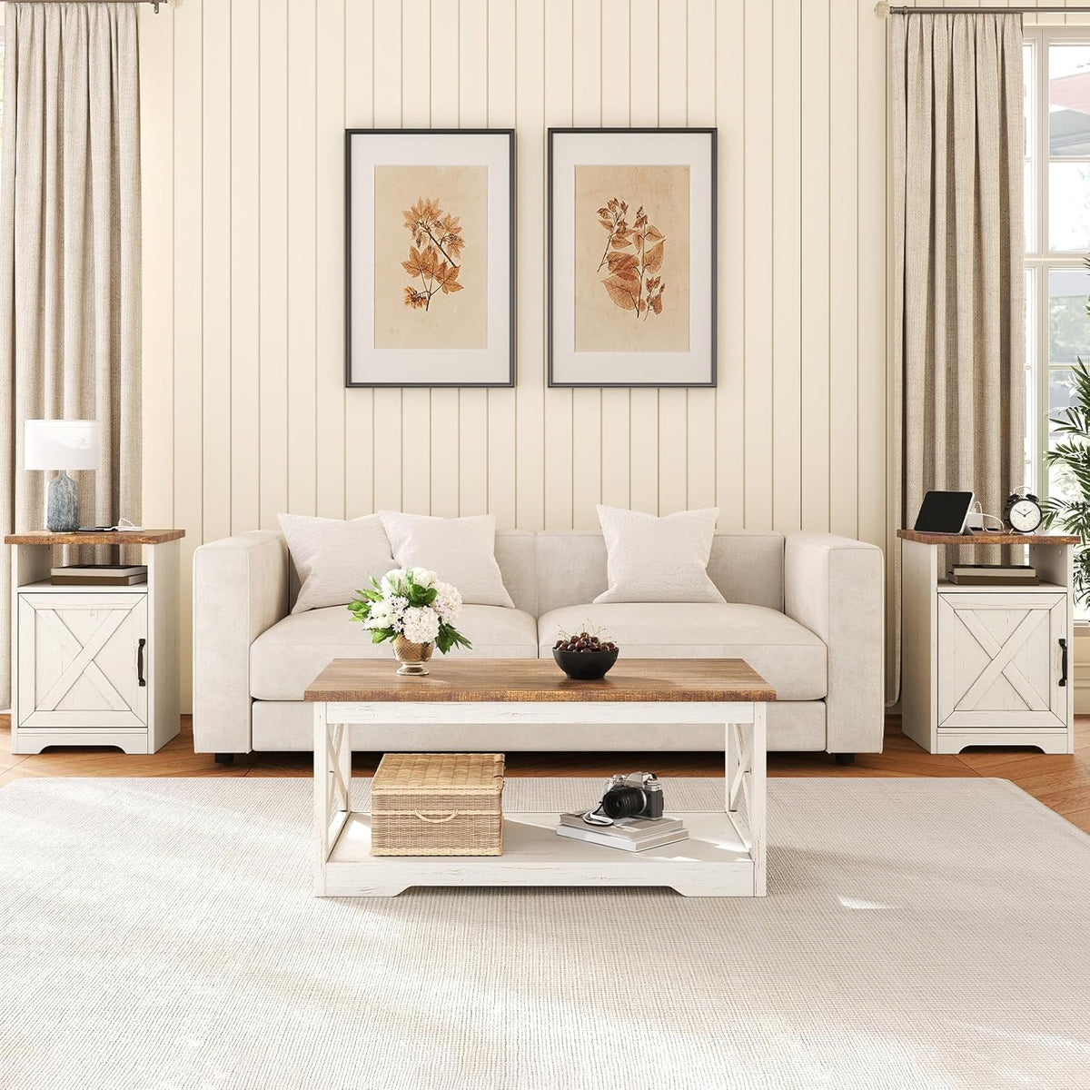 AMERLIFE 4-Piece Farmhouse Living Room Furniture Set with 66" TV Stand, Coffee Table & 2 End Tables, Barn Door Design, Large Storage Shelves, Built-in Charging Station & USB Ports, Distressed White