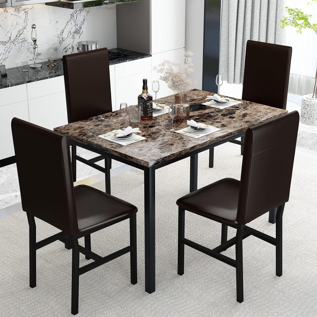 AWQM 5 Piece Dining Table Set for 4,Faux Marble Kitchen Table and Chairs for 4, Modern Dining Room Table with 4 Chairs,Dinner Table Set for Small Spaces, Brown
