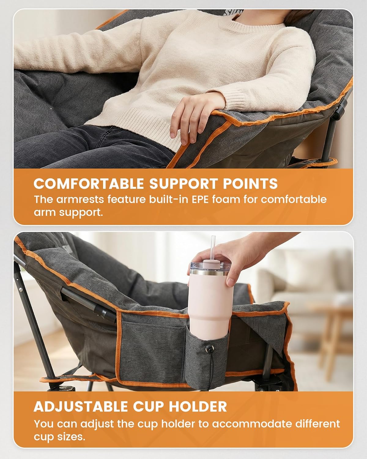 Upgrade Oversized Padded Camping Chair with Adjustable Cup Holder,Weight Capacity 400 LBS,Built-in Comfy Foam Armrest Supports,Heavy Duty Moon Leisure Folding Chair for Camping, Orange (2 Pack)