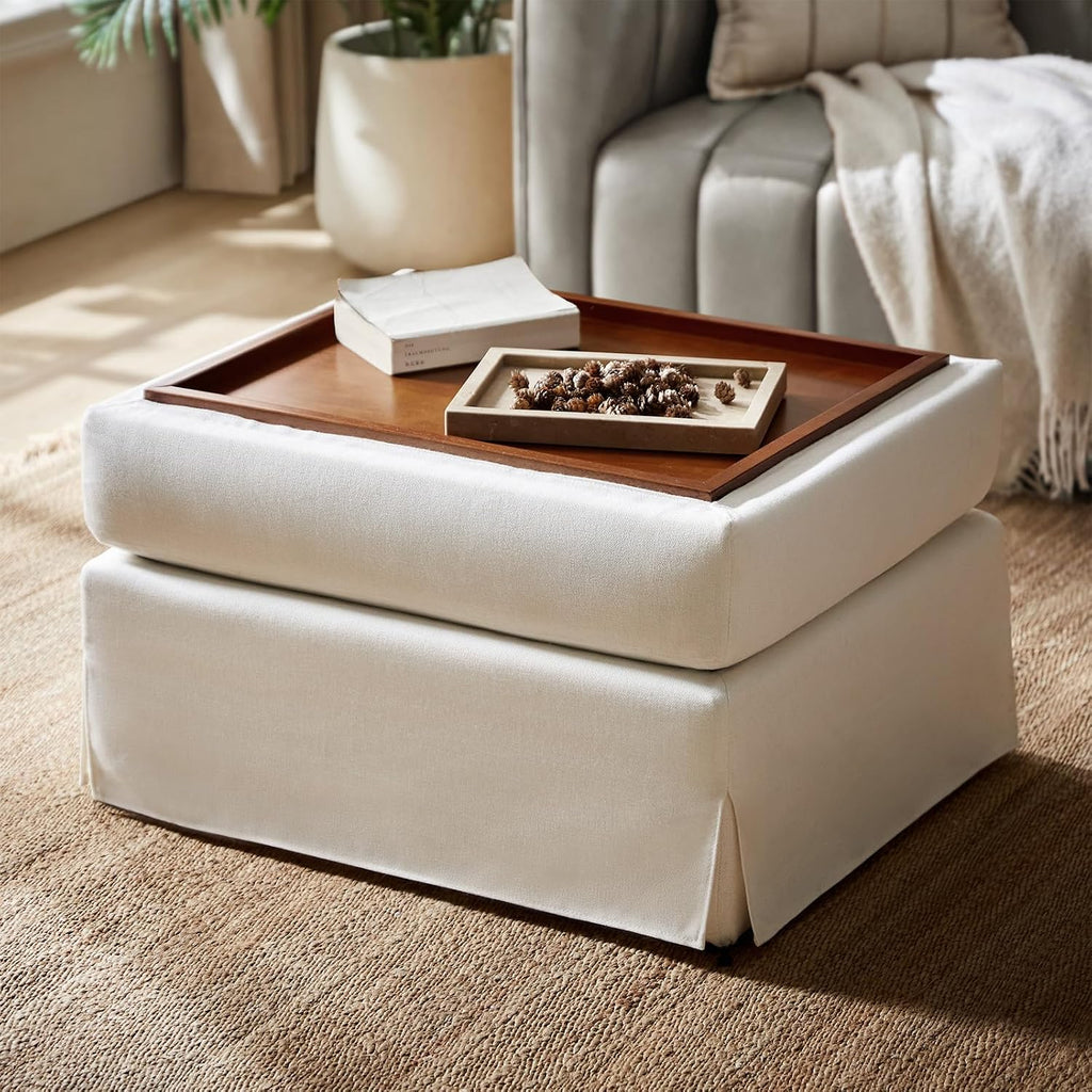 HULALA HOME Storage Ottoman Coffee Table with Lift Top, Farmhouse Linen Upholstered Ottoman with Removable Fabric Cover, 30-Inch Large Coffee Table with Storage for Living Room, Bedroom, Ivory