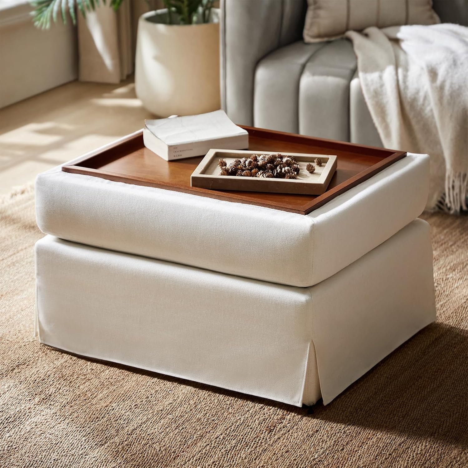 HULALA HOME Storage Ottoman Coffee Table with Lift Top, Farmhouse Linen Upholstered Ottoman with Removable Fabric Cover, 30-Inch Large Coffee Table with Storage for Living Room, Bedroom, Ivory