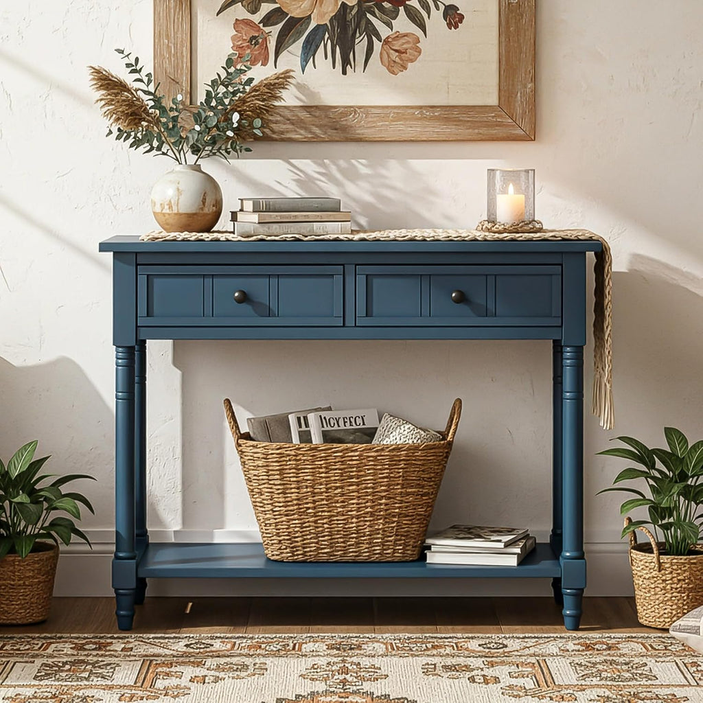 P PURLOVE Console Table Sideboard Wooden Sofa Table with 2 Drawers and Bottom Shelf (Dark Navy)