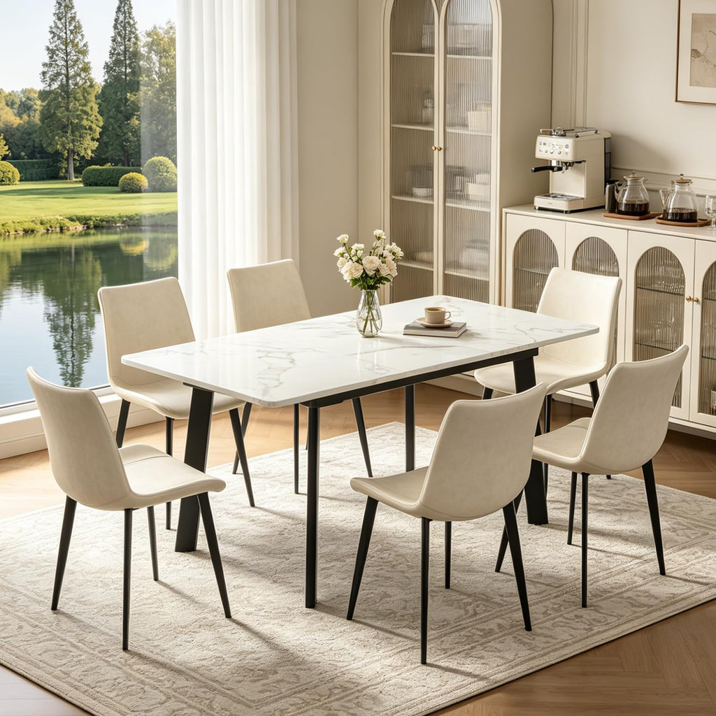 47.2"-63" Extendable Dining Room Table Set for 4-8 People, White | Removable Extension Leaf, Durable MDF Rectangle Top, 6 Beige Sleek Faux Leather Chairs, Heavy Duty Modern Kitchen Table Set