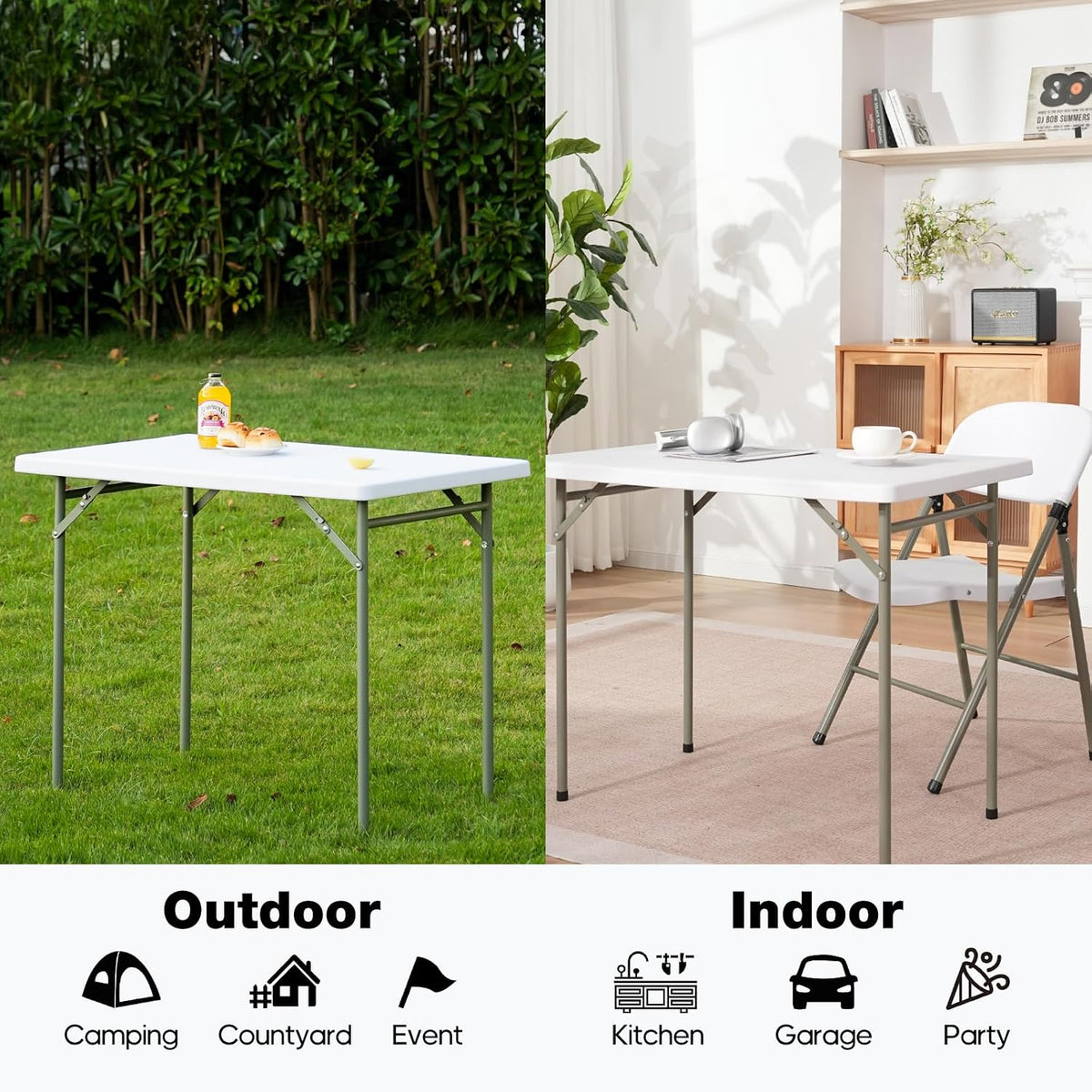3ft Rectangular Folding Table for All-Occasion, Foldable Table with HDPE Tabletop and Steel Legs, Durable and Stable Small Folding Table, Perfect for Camping, Picnic, Party, Indoor & Outdoor